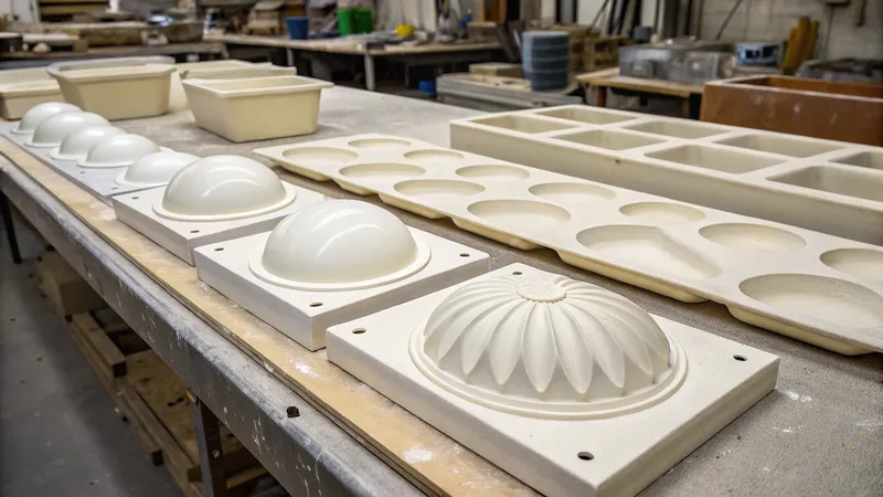 A workshop table with various plaster models and molds