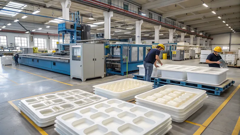 Workers in a factory with industrial machinery and large white trays