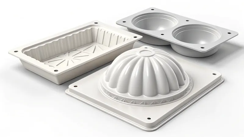 Three different types of plastic molds including a rectangular, dome-shaped, and dual round mold