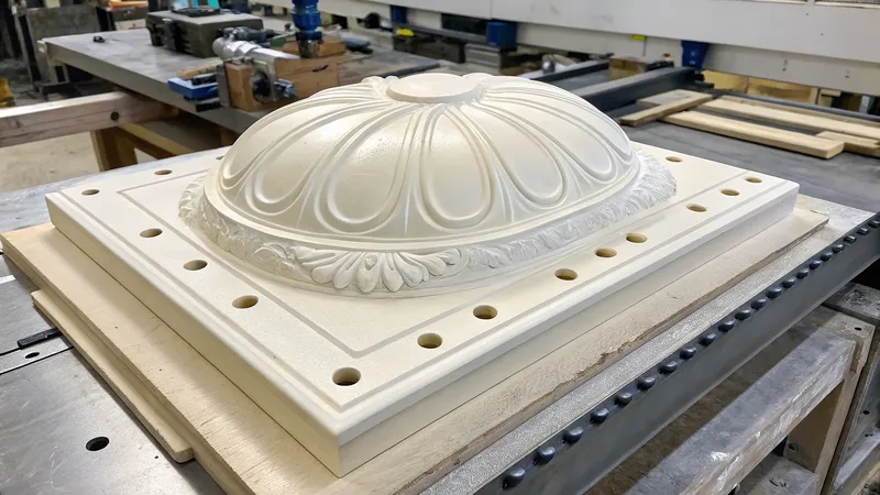 A detailed rubber mold of a plinth with decorative elements on a workbench