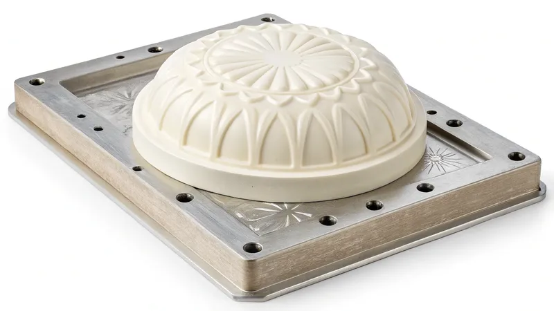 A white dome-shaped rosette mold on a metal base, used for shaping patterns