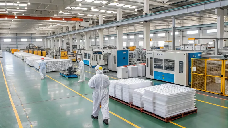 Workers in protective clothing at a solar panel manufacturing facility, surrounded by machinery and stacks of solar panels