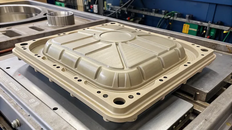 A tan colored transmission pan placed on a metal surface in an industrial setting