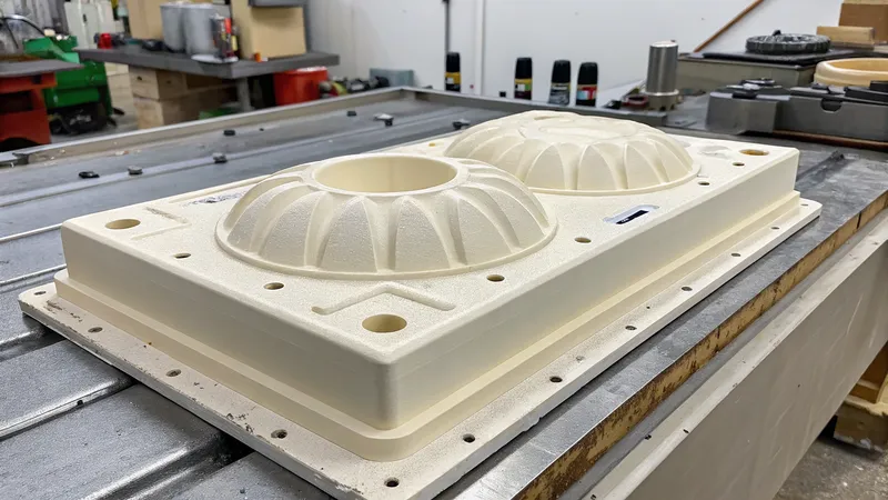 A 3D printed vacuum forming mold placed on a metal workbench in a workshop