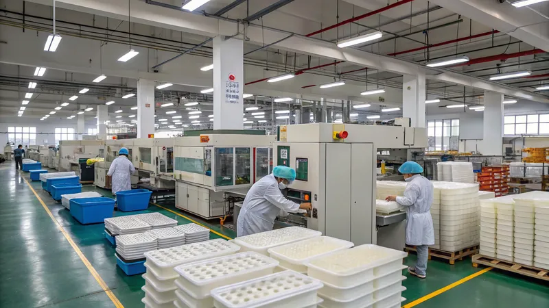 Factory workers operating machinery in a bright, clean industrial setting with stacks of materials