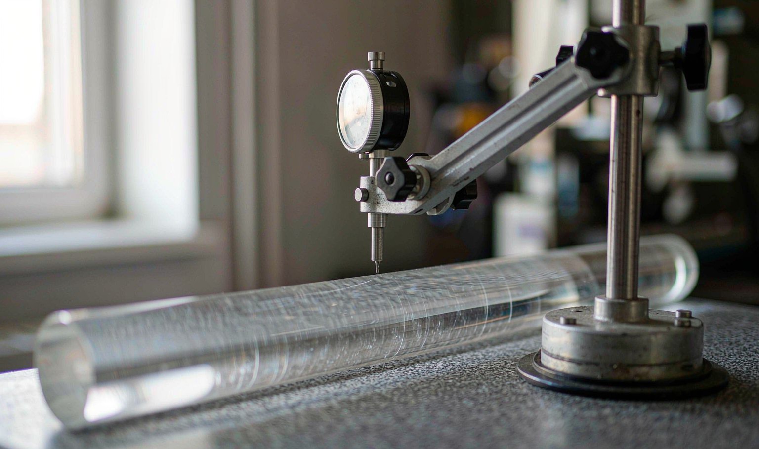 Dial indicator checking the straightness of a clear acrylic rod on a granite surface plate