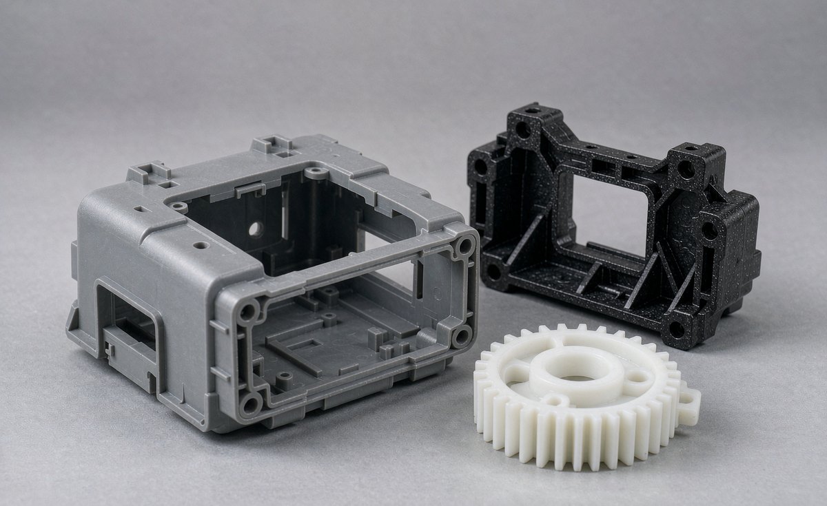 Precision injection molded ABS housing, glass-filled nylon bracket and POM gear