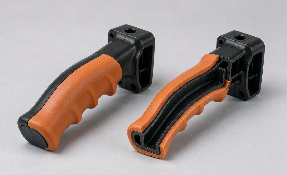 Two-shot molded handle with rigid black ABS core and orange soft-touch TPE grip