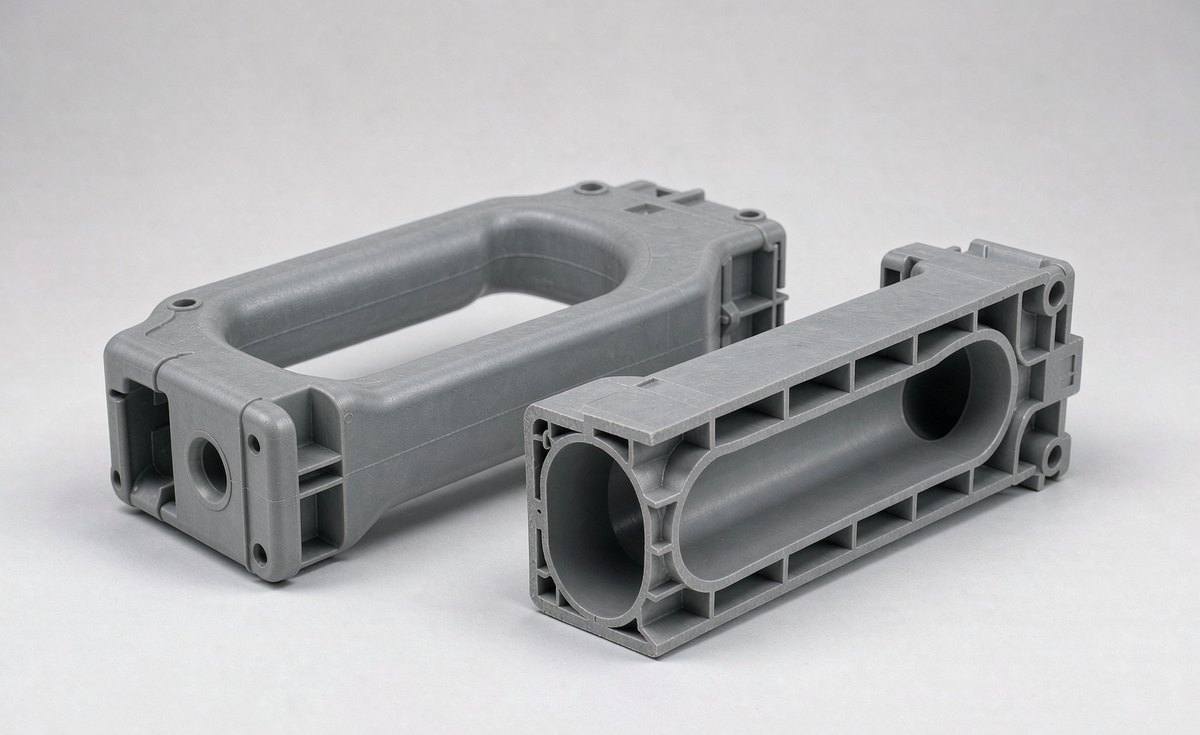 Gas-assisted injection molded handle sectioned to show the hollow internal gas channel