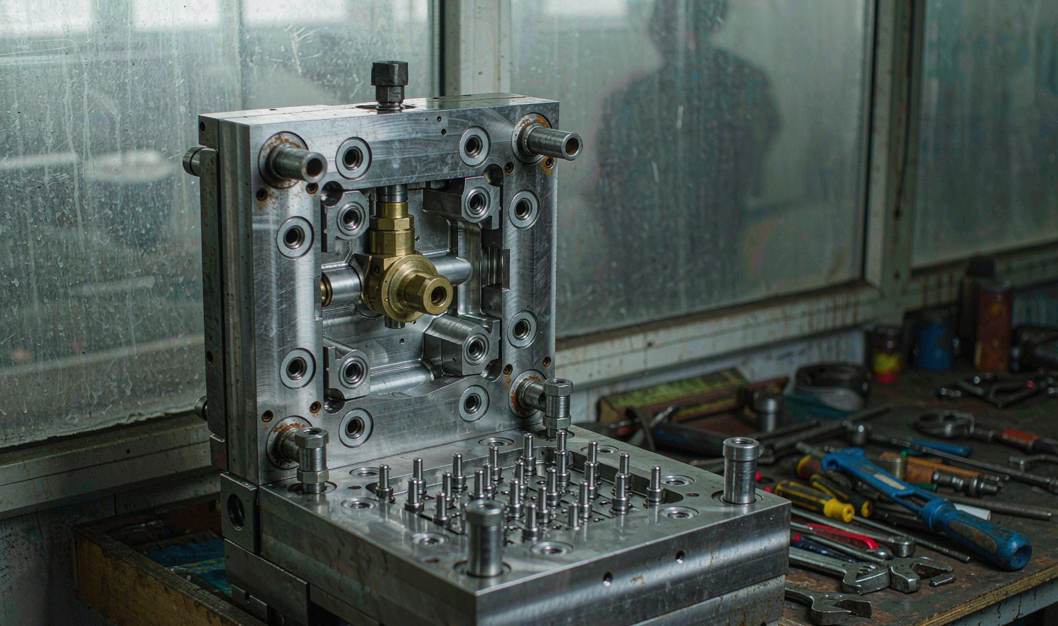 Steel injection mold cavity block with core, ejector pins and cooling channels visible