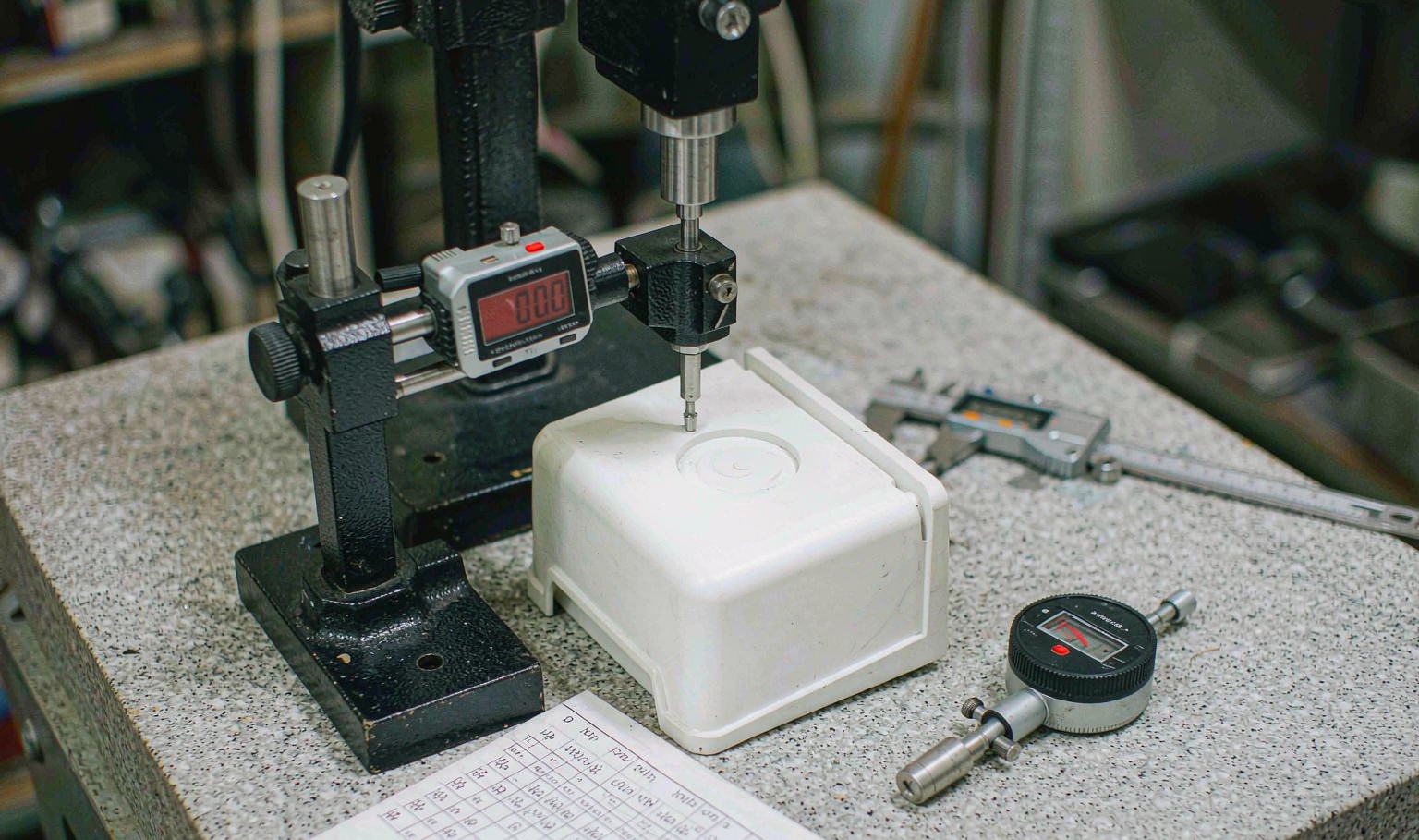 Moulded plastic housing measured with a digital height gauge on a granite surface plate