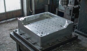 Cast aluminium vacuum forming mold bolted to a tooling plate with vacuum holes drilled across the cavity