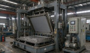 Heavy gauge single station thermoforming machine with a large ABS sheet clamped above an aluminium mold